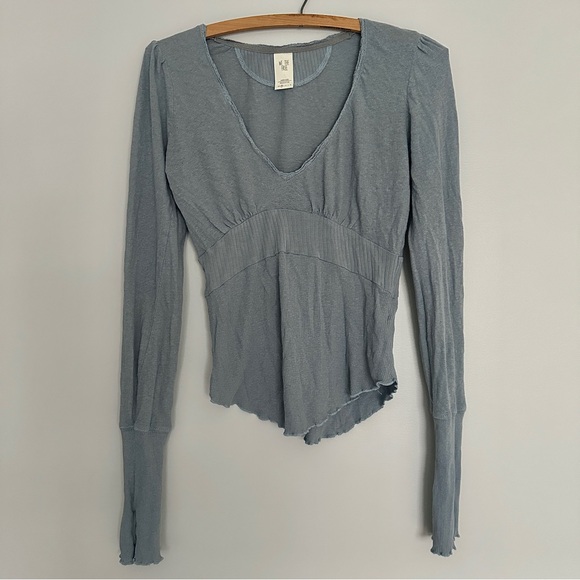 Free People We The Free Blue Cotton Linen Blend V-Neck Empire Waist Top XS - Picture 3 of 16